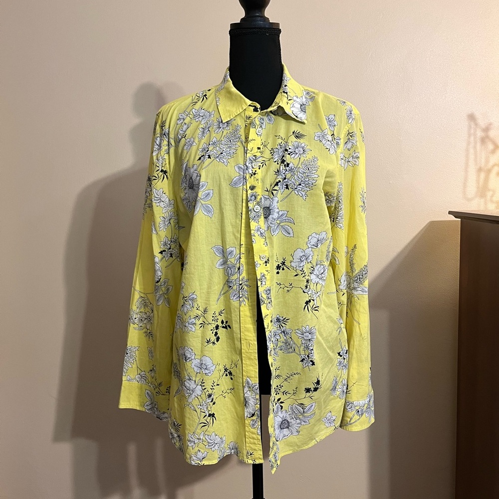 Talbots Yellow Floral Button-Front Shirt Jacket in 100% Cotton